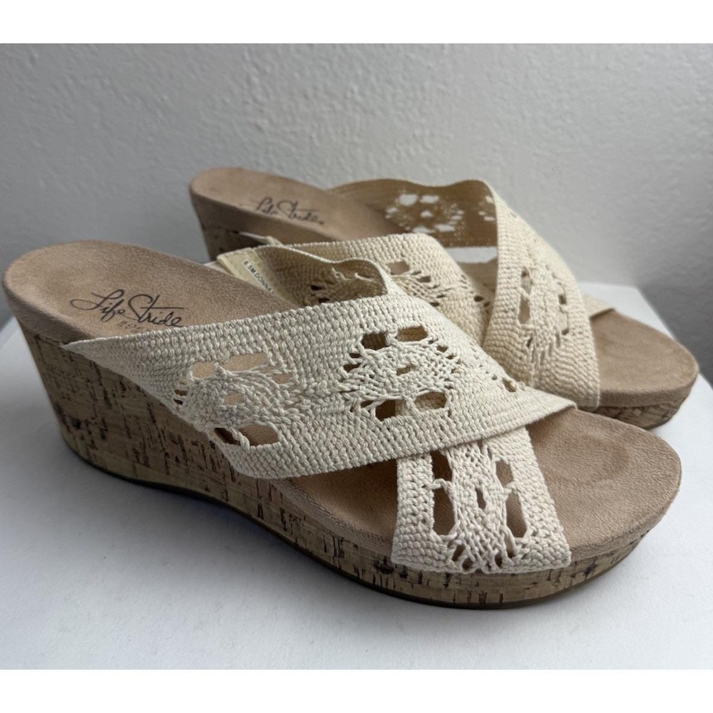 LifeStride Cream Donna Woven Crochet Cork Wedge Slide Sandals Womens Size 8.5 - Picture 3 of 9